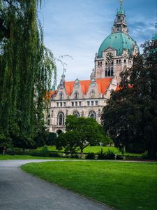 Preview wallpaper building, tower, clock, architecture, trees, lawn