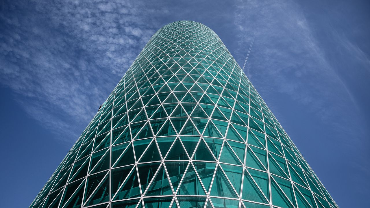 Wallpaper building, tower, glass, architecture, bottom view