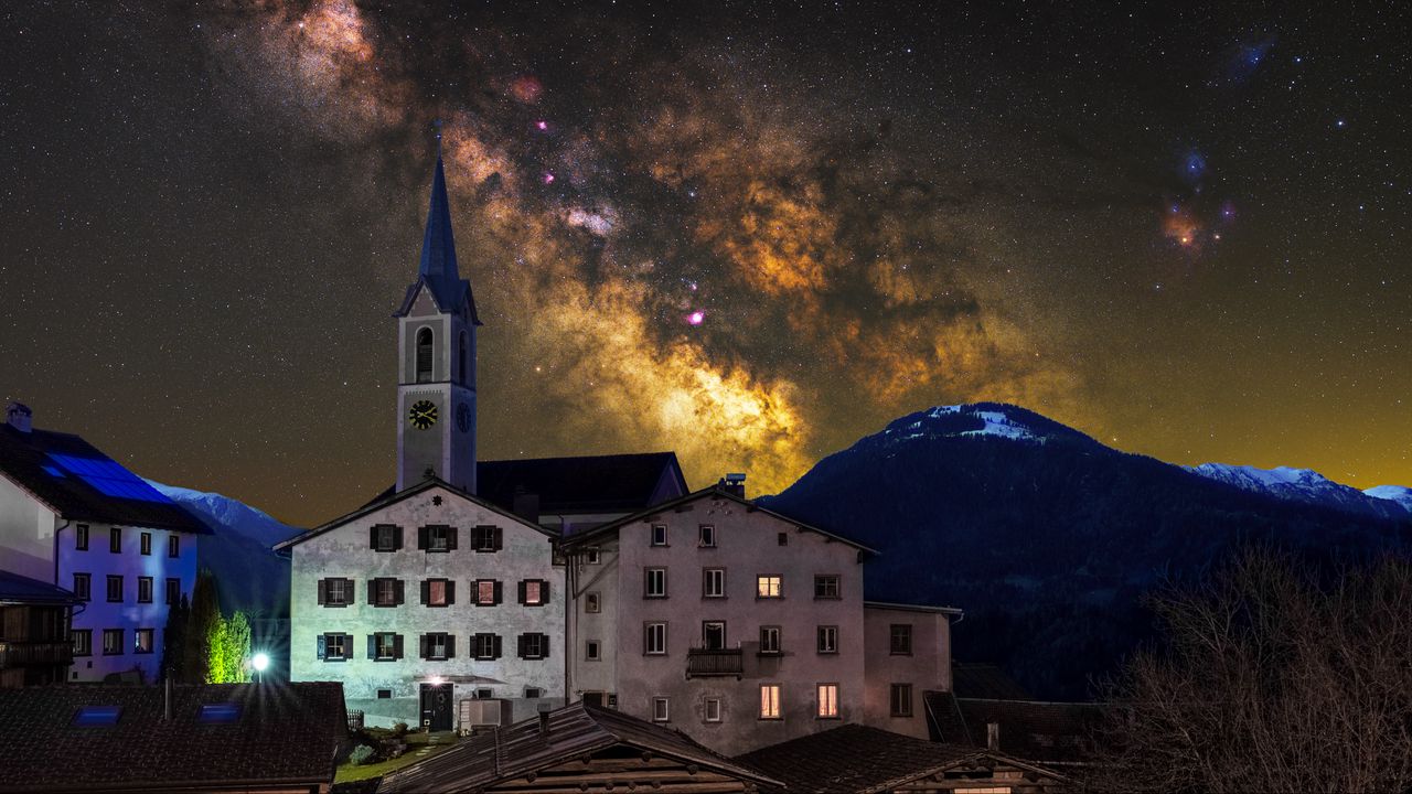 Wallpaper building, tower, milky way, night