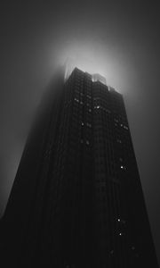Preview wallpaper building, tower, skyscraper, fog, bw