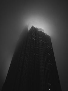 Preview wallpaper building, tower, skyscraper, fog, bw