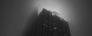 Preview wallpaper building, tower, skyscraper, fog, bw