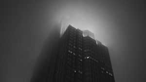 Preview wallpaper building, tower, skyscraper, fog, bw