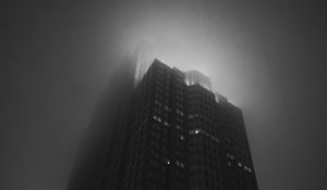 Preview wallpaper building, tower, skyscraper, fog, bw