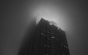 Preview wallpaper building, tower, skyscraper, fog, bw