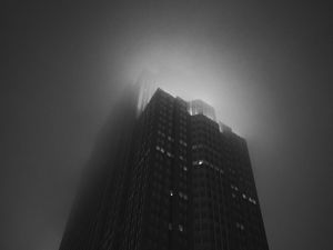 Preview wallpaper building, tower, skyscraper, fog, bw