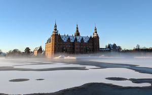 Preview wallpaper building, towers, architecture, fog, water