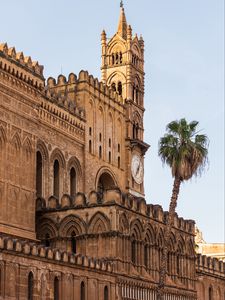 Preview wallpaper building, towers, clock, architecture, palm tree