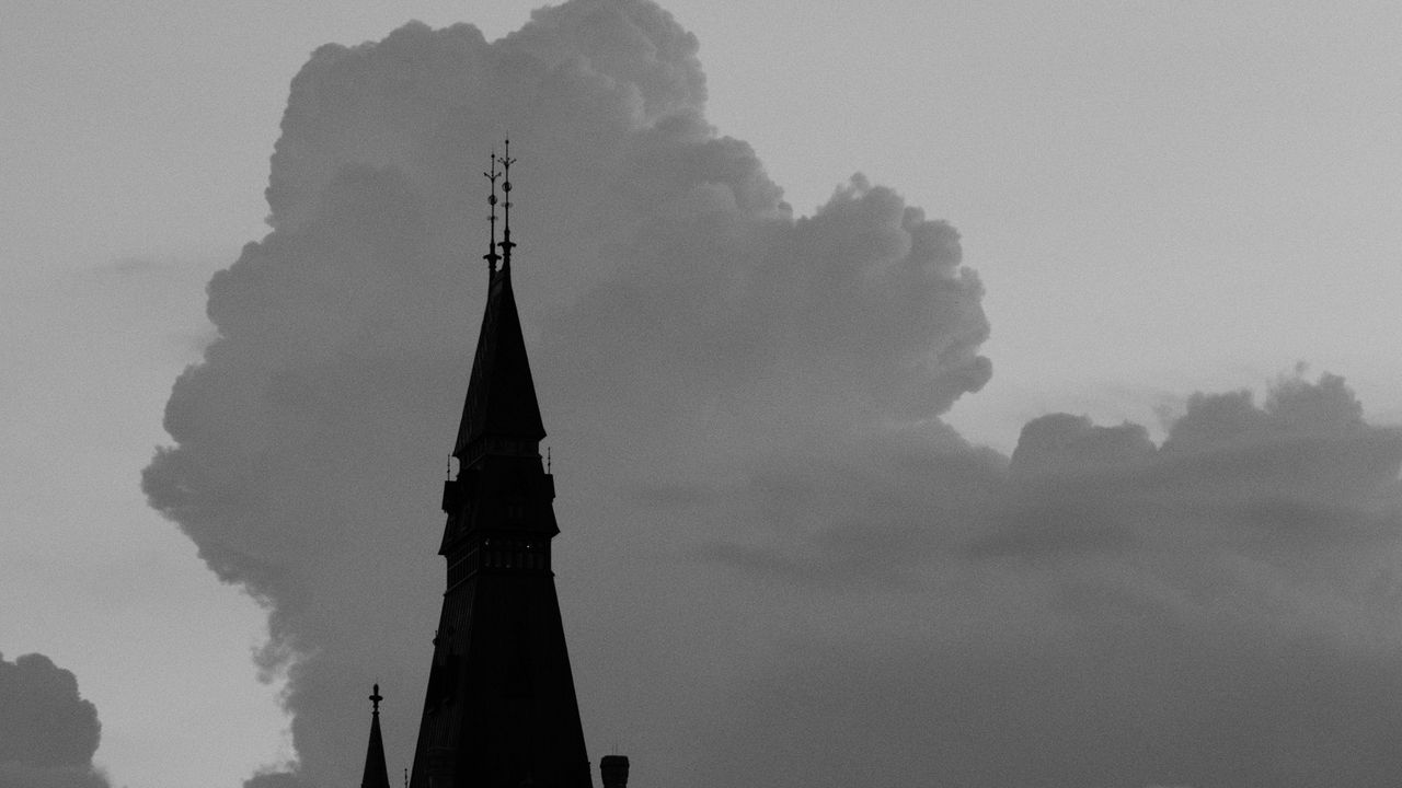 Wallpaper building, towers, silhouettes, clouds, evening