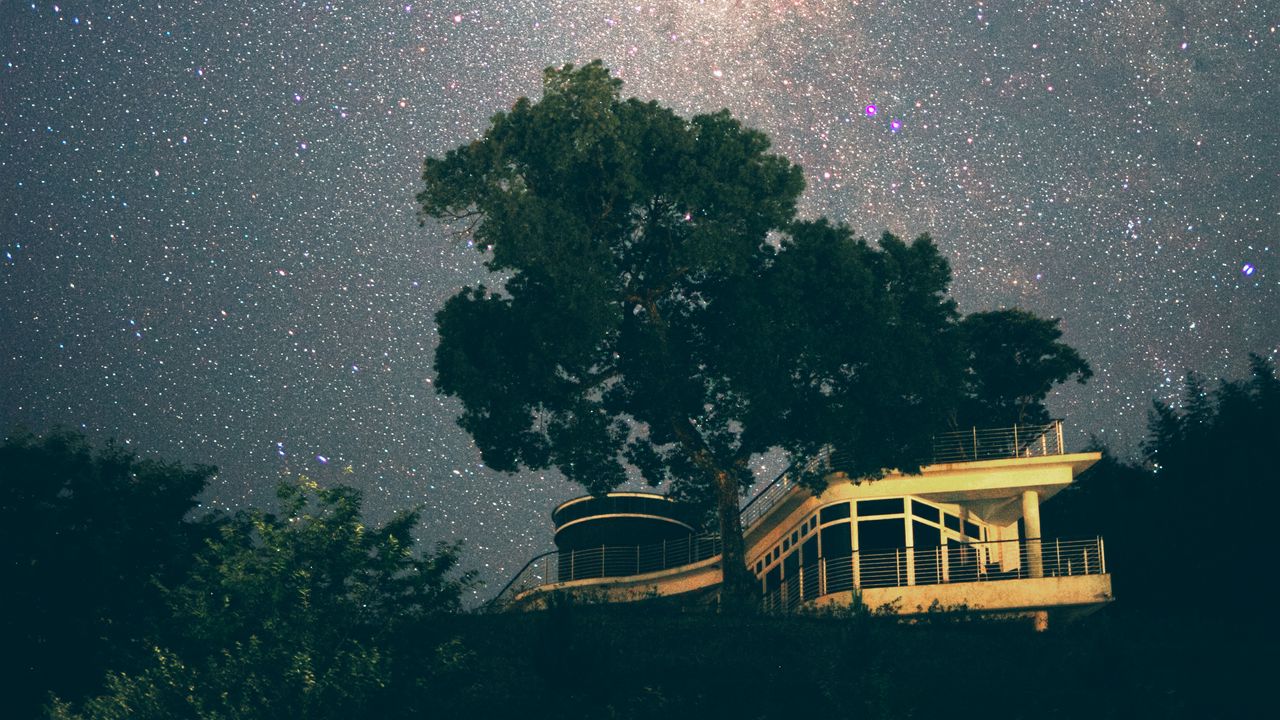 Wallpaper building, tree, starry sky, stars, night