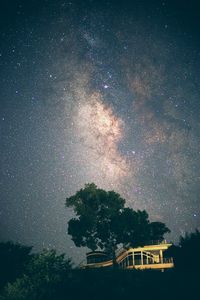 Preview wallpaper building, tree, starry sky, stars, night