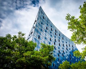 Preview wallpaper building, trees, bottom view, edge