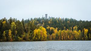 Preview wallpaper building, trees, lake, forest