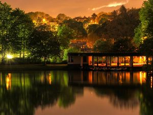 Preview wallpaper building, trees, landscape, night, lights, river