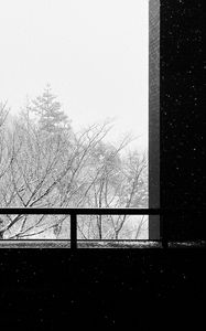Preview wallpaper building, trees, snow, bw