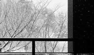 Preview wallpaper building, trees, snow, bw