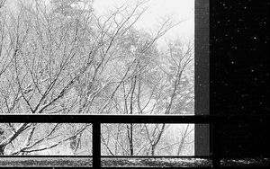 Preview wallpaper building, trees, snow, bw