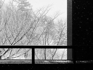 Preview wallpaper building, trees, snow, bw