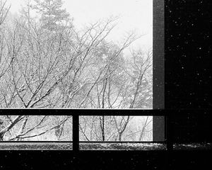 Preview wallpaper building, trees, snow, bw