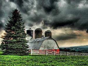 Preview wallpaper building, village, grass, nature, hdr, rain