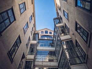 Preview wallpaper building, windows, architecture, sky, bottom view