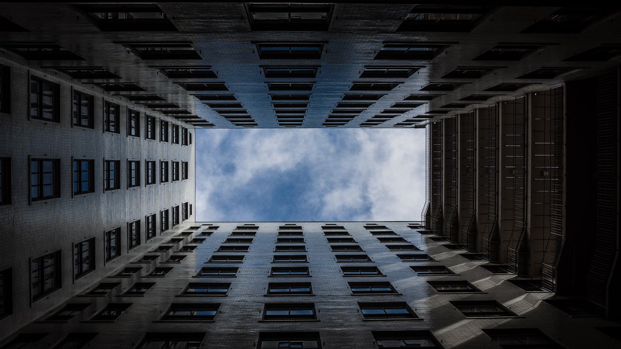 Wallpaper building, windows, architecture, sky, clouds, bottom view
