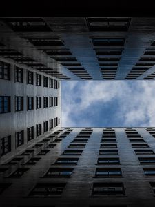 Preview wallpaper building, windows, architecture, sky, clouds, bottom view