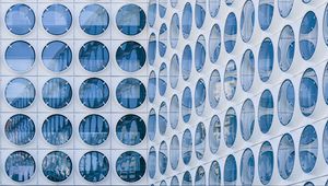 Preview wallpaper building, windows, circles, white, blue