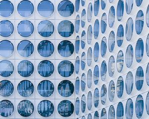 Preview wallpaper building, windows, circles, white, blue