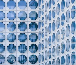 Preview wallpaper building, windows, circles, white, blue