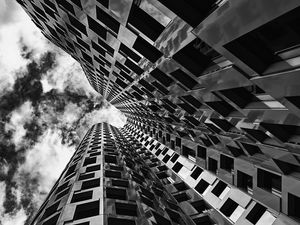 Preview wallpaper building, windows, edges, bottom view, black and white