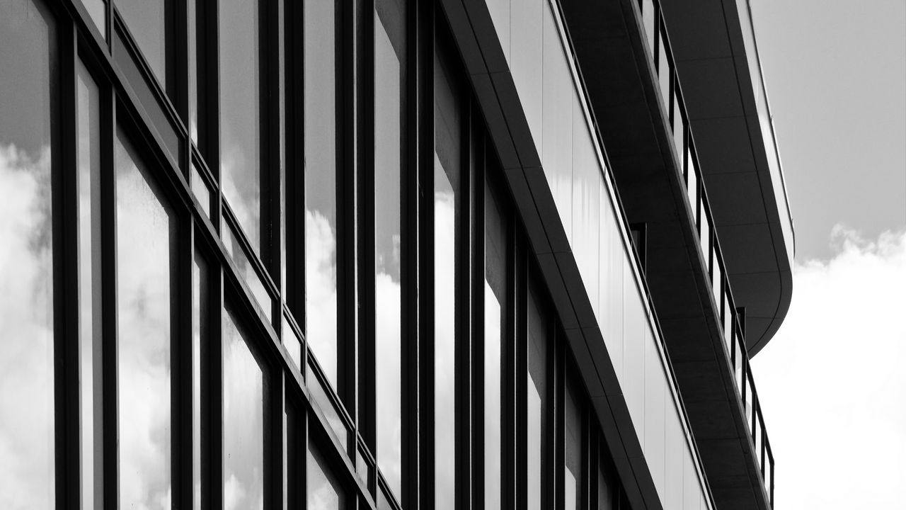 Wallpaper building, windows, facade, architecture, black and white