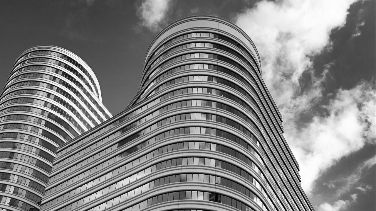 Wallpaper building, windows, facade, architecture, black and white, sky