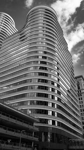 Preview wallpaper building, windows, facade, architecture, black and white, sky