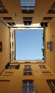 Preview wallpaper building, windows, houses, bottom view, sky