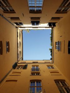 Preview wallpaper building, windows, houses, bottom view, sky