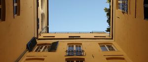 Preview wallpaper building, windows, houses, bottom view, sky