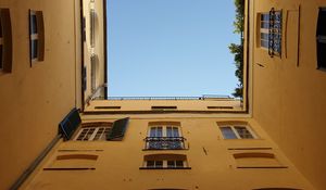 Preview wallpaper building, windows, houses, bottom view, sky