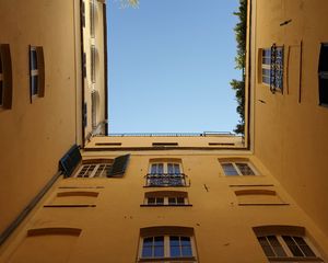 Preview wallpaper building, windows, houses, bottom view, sky