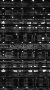 Preview wallpaper building, windows, lights, rafters, dark, black and white