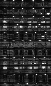 Preview wallpaper building, windows, lights, rafters, dark, black and white