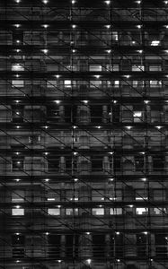 Preview wallpaper building, windows, lights, rafters, dark, black and white