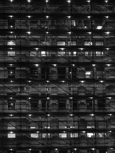 Preview wallpaper building, windows, lights, rafters, dark, black and white