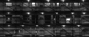 Preview wallpaper building, windows, lights, rafters, dark, black and white