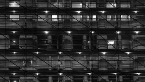 Preview wallpaper building, windows, lights, rafters, dark, black and white