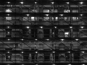 Preview wallpaper building, windows, lights, rafters, dark, black and white