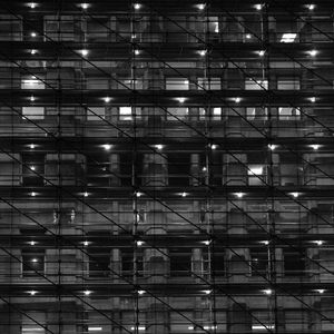 Preview wallpaper building, windows, lights, rafters, dark, black and white