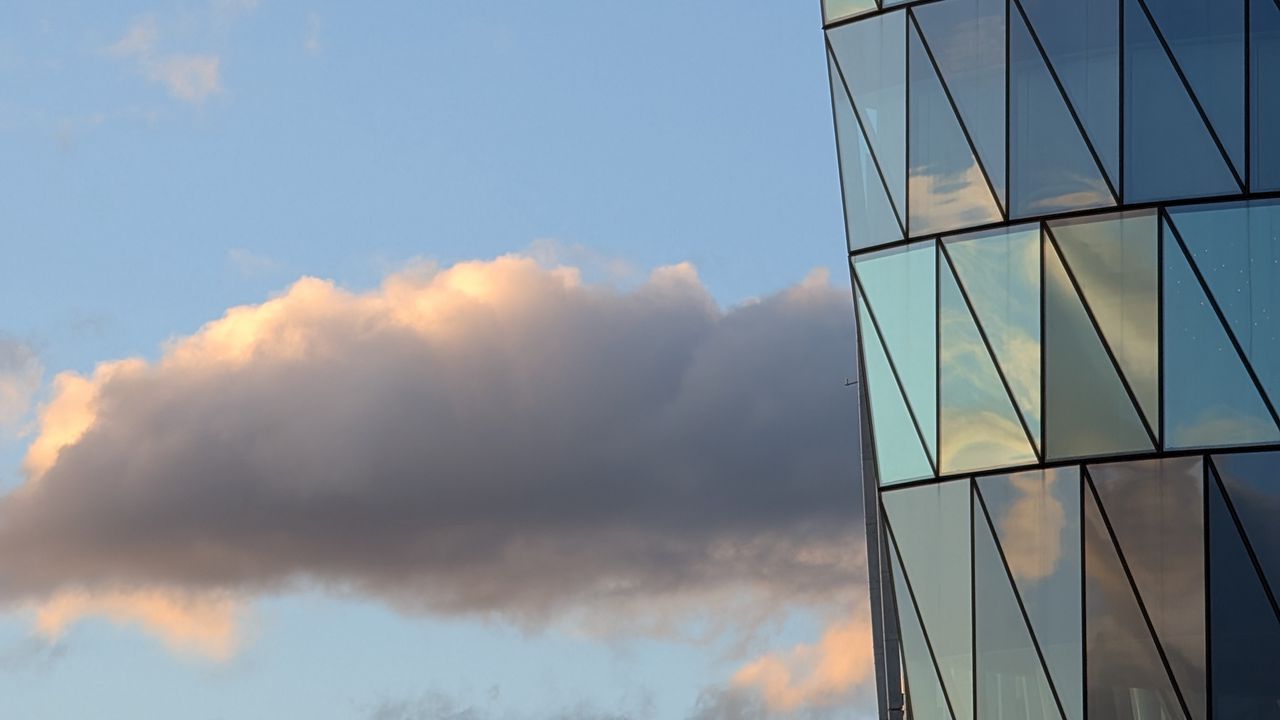 Wallpaper building, windows, reflection, clouds, height