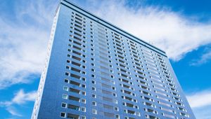 Preview wallpaper building, windows, sky, bottom view, blue