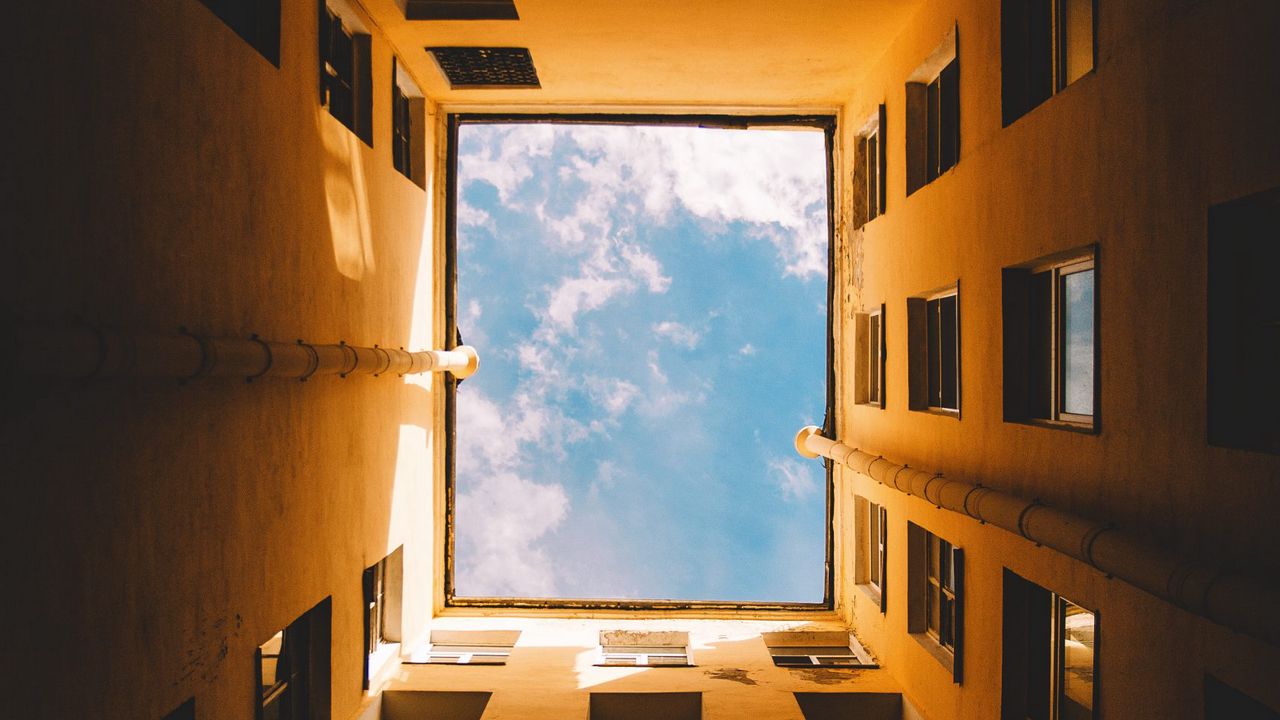 Wallpaper building, windows, sky, bottom view